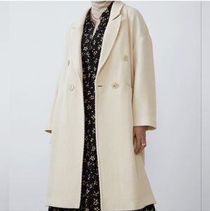 ZARA M Cream Ribbed Textured Double Breasted Lapel Collar Long Coat Wool Blend